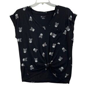 Black Skull Crossbones Knot Front Top Womens L Pocket Tee Goth By No Boundaries